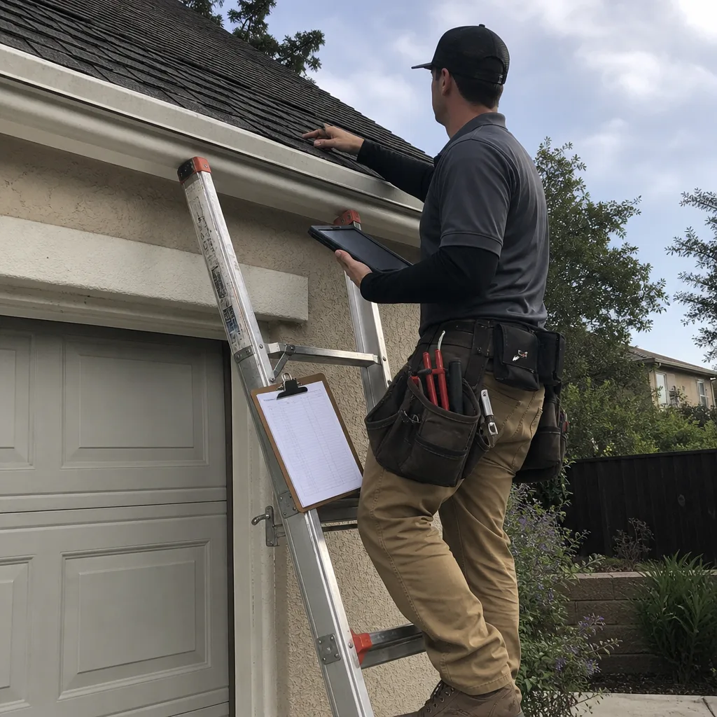 Professional roofer inspecting residential roof shingles on a ladder